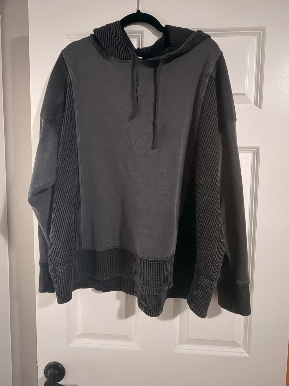 Nature Breeze Black Hooded Pullover with Ribbed Panels